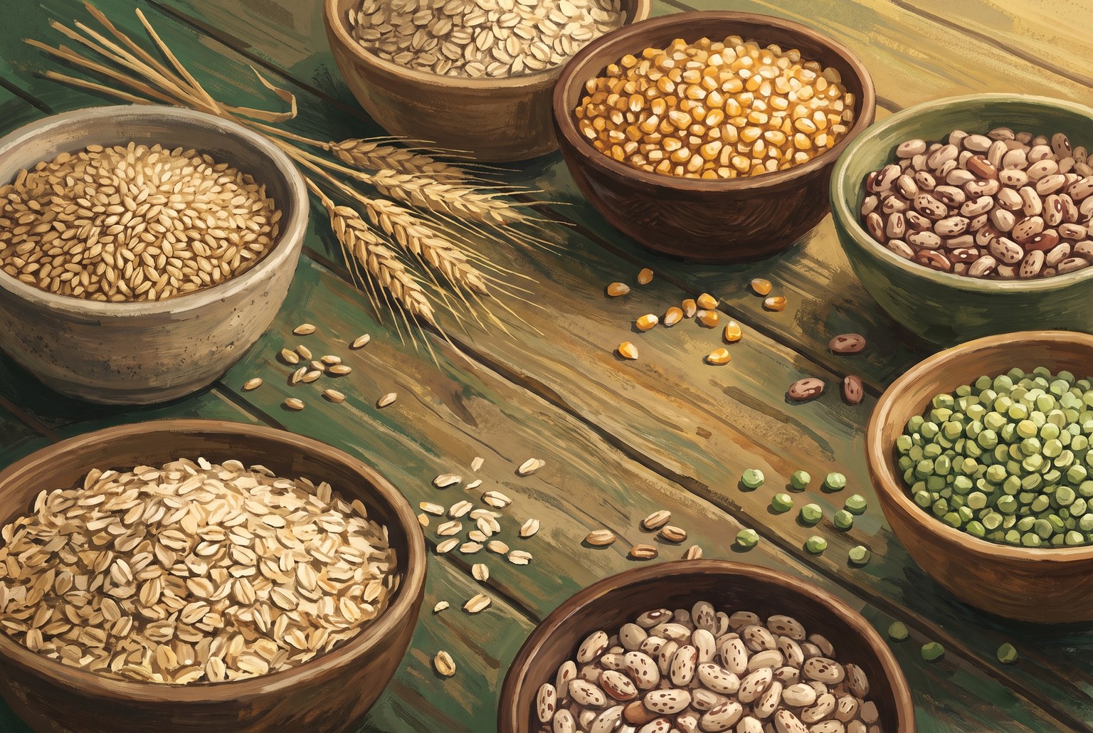 Illustrazione: ciotole di cereali e legumi su un tavolo di legno