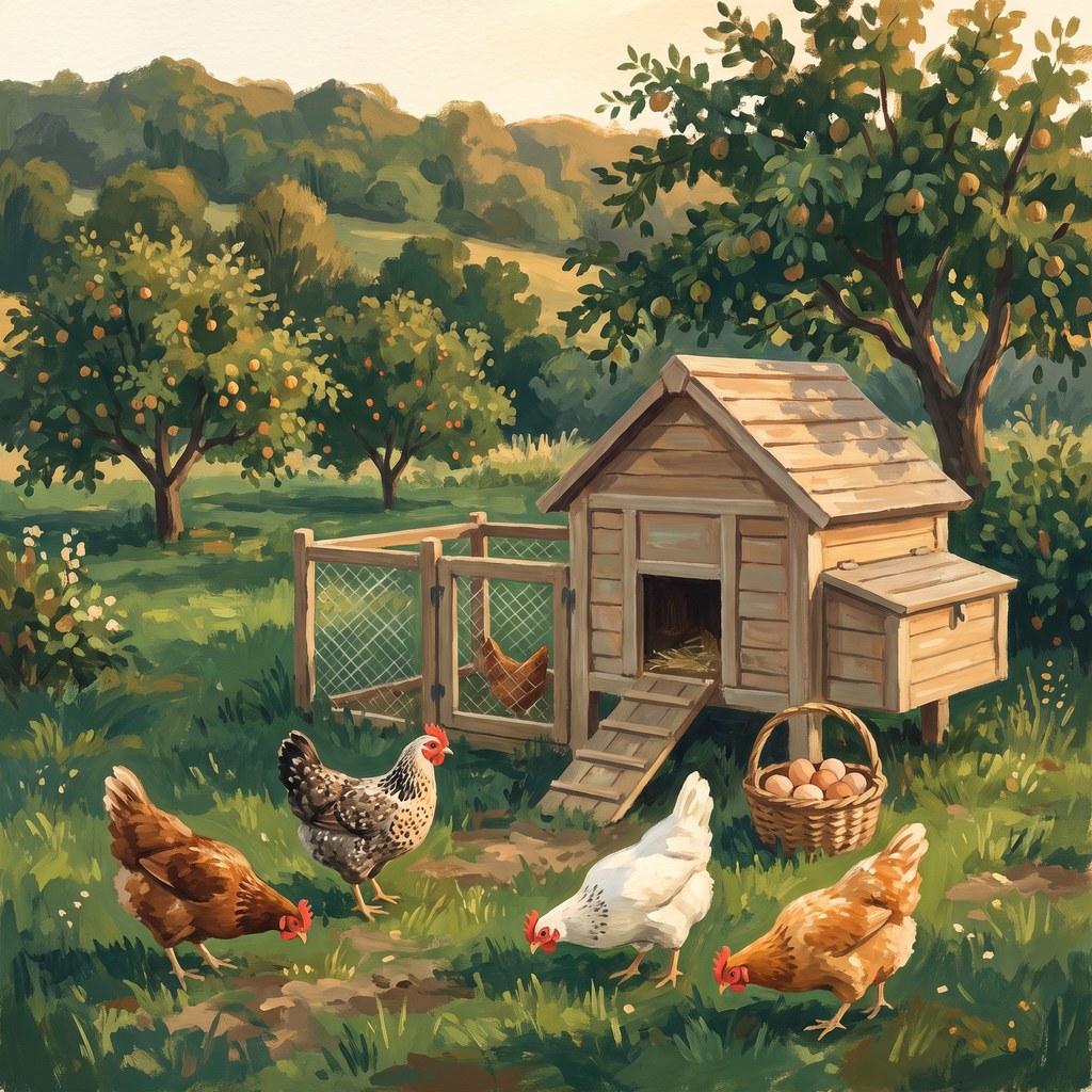 Illustrazione: un piccolo pollaio familiare con le sue galline